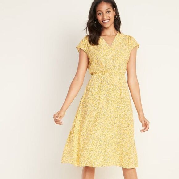 Old Navy Gap V-Neck Ditsy Floral Yellow Midi Dress Size Large - Picture 1 of 6